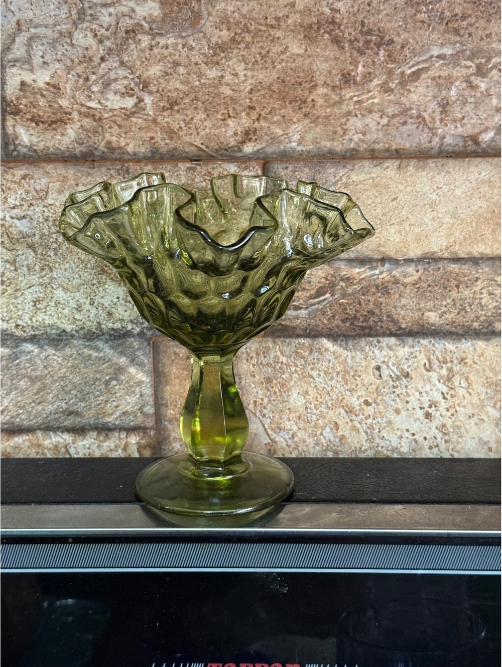 Vintage Fenton Olive Green Ruffled Glass Pedestal Compote Bowl MCM